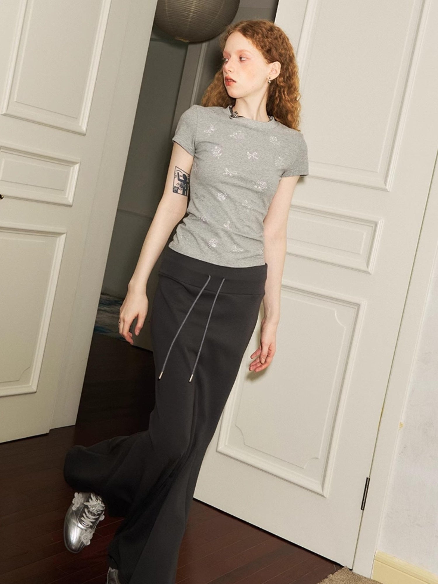 DIDDI MODA Sporty Lace Waist Flared Knit Skirt With Drawstring