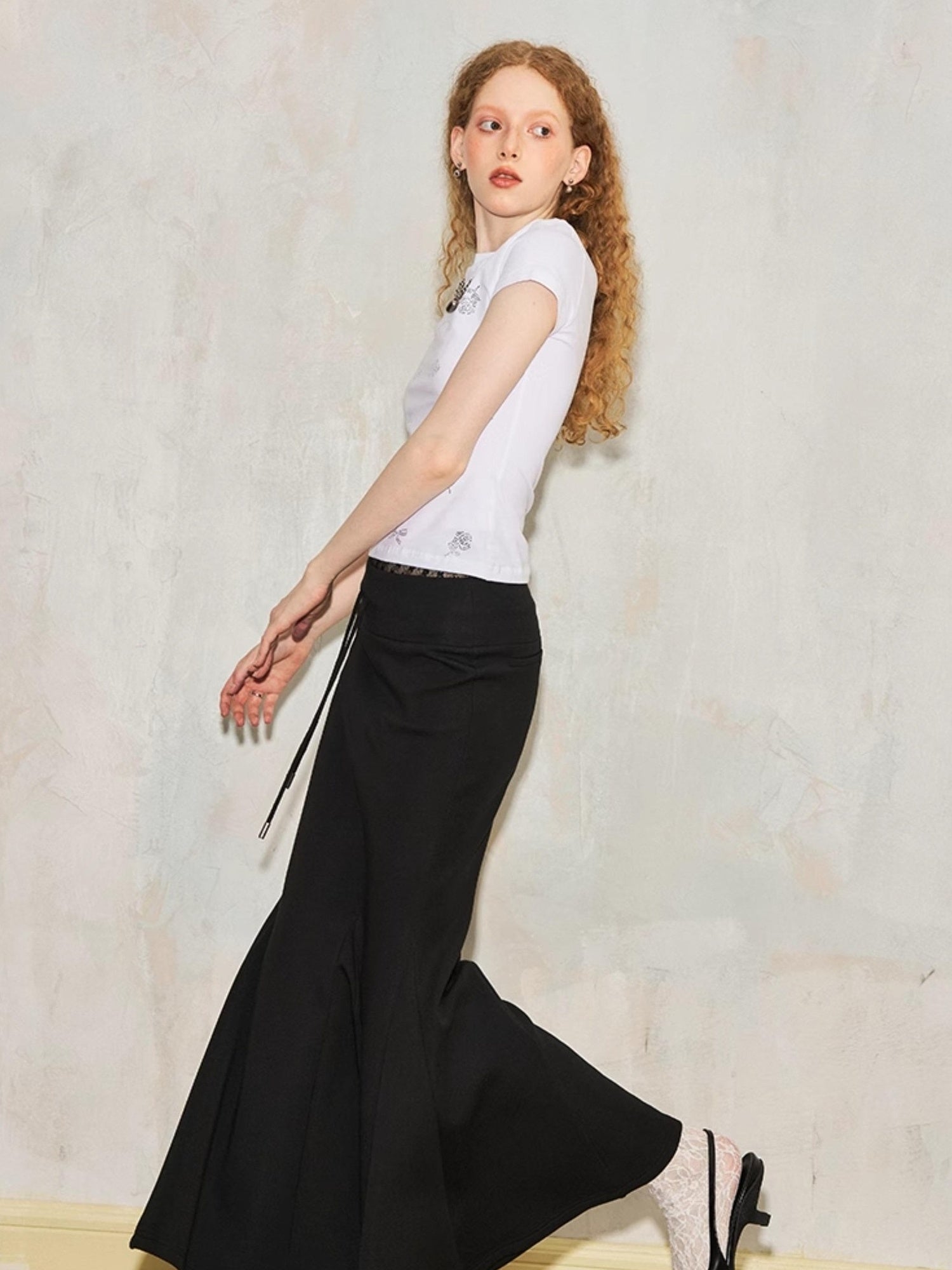 DIDDI MODA Sporty Lace Waist Flared Knit Skirt With Drawstring