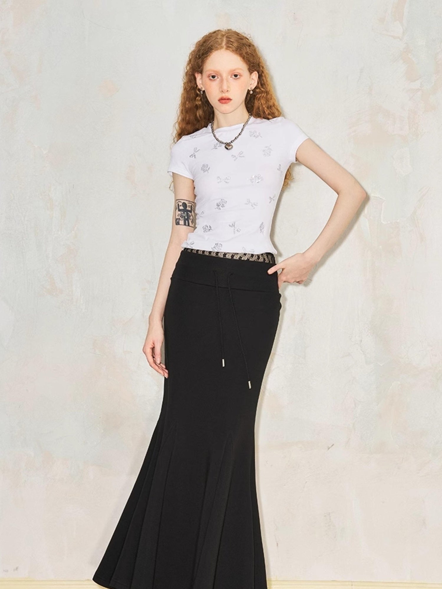 DIDDI MODA Sporty Lace Waist Flared Knit Skirt With Drawstring