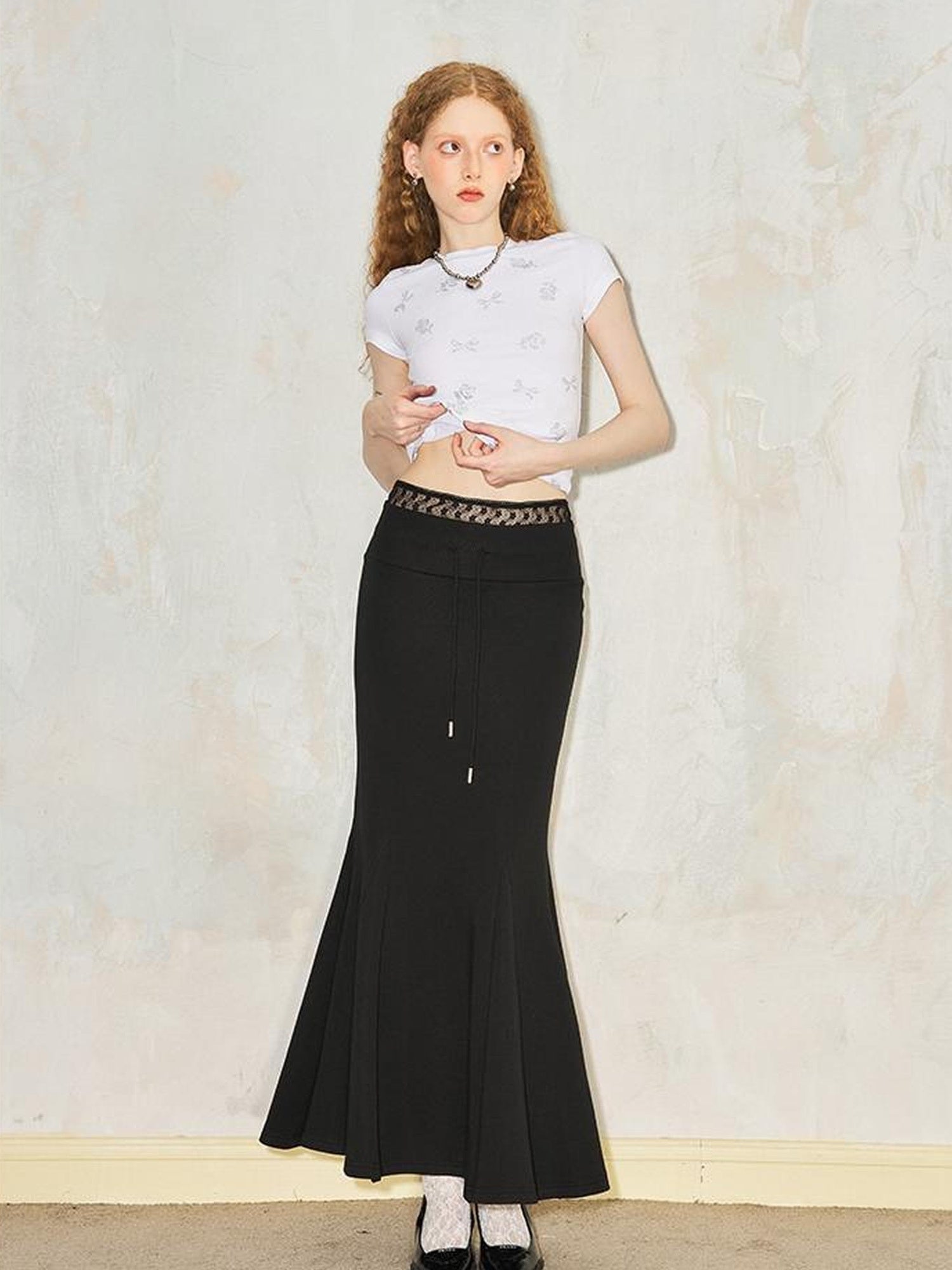 DIDDI MODA Sporty Lace Waist Flared Knit Skirt With Drawstring