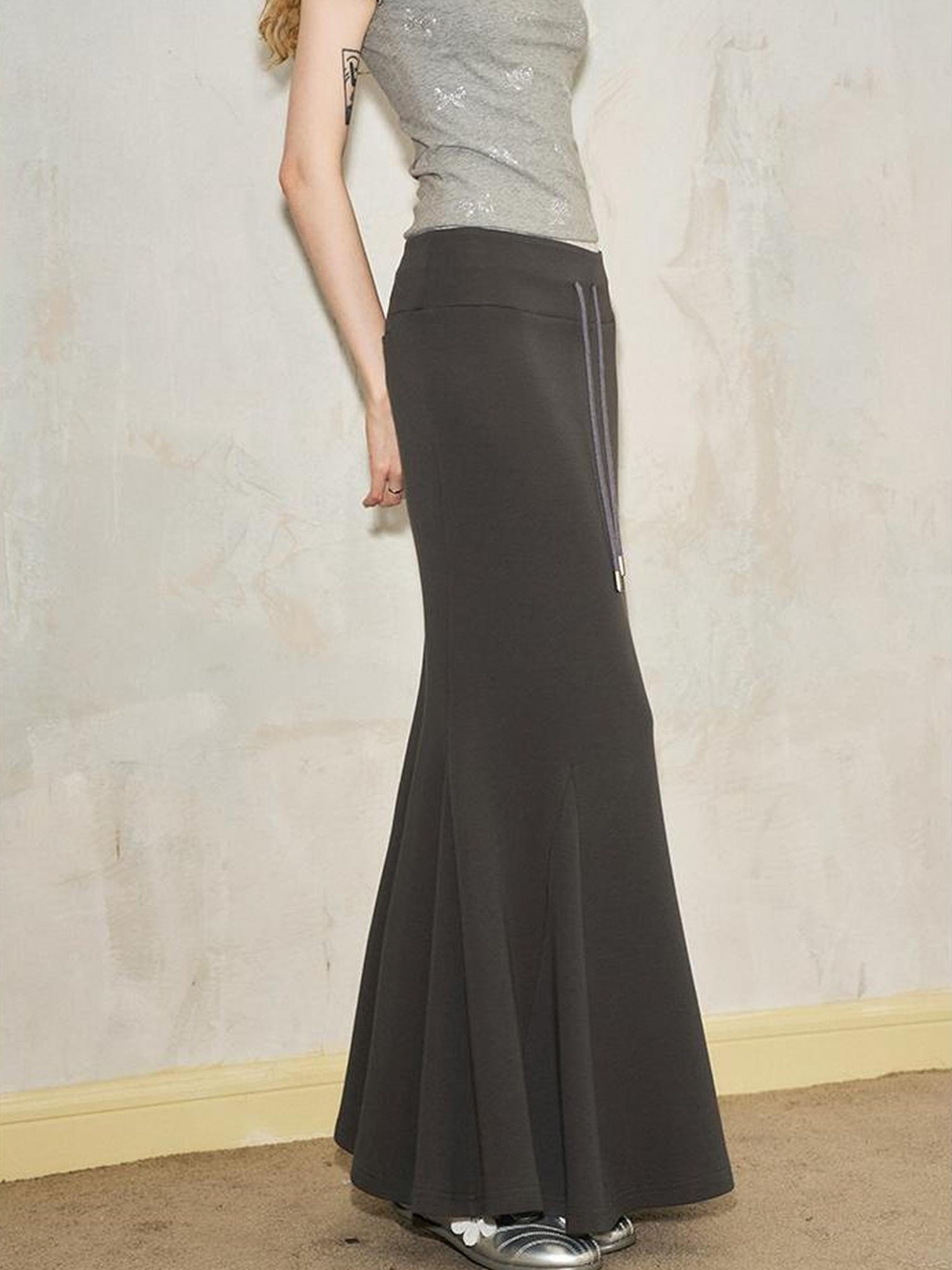 DIDDI MODA Sporty Lace Waist Flared Knit Skirt With Drawstring