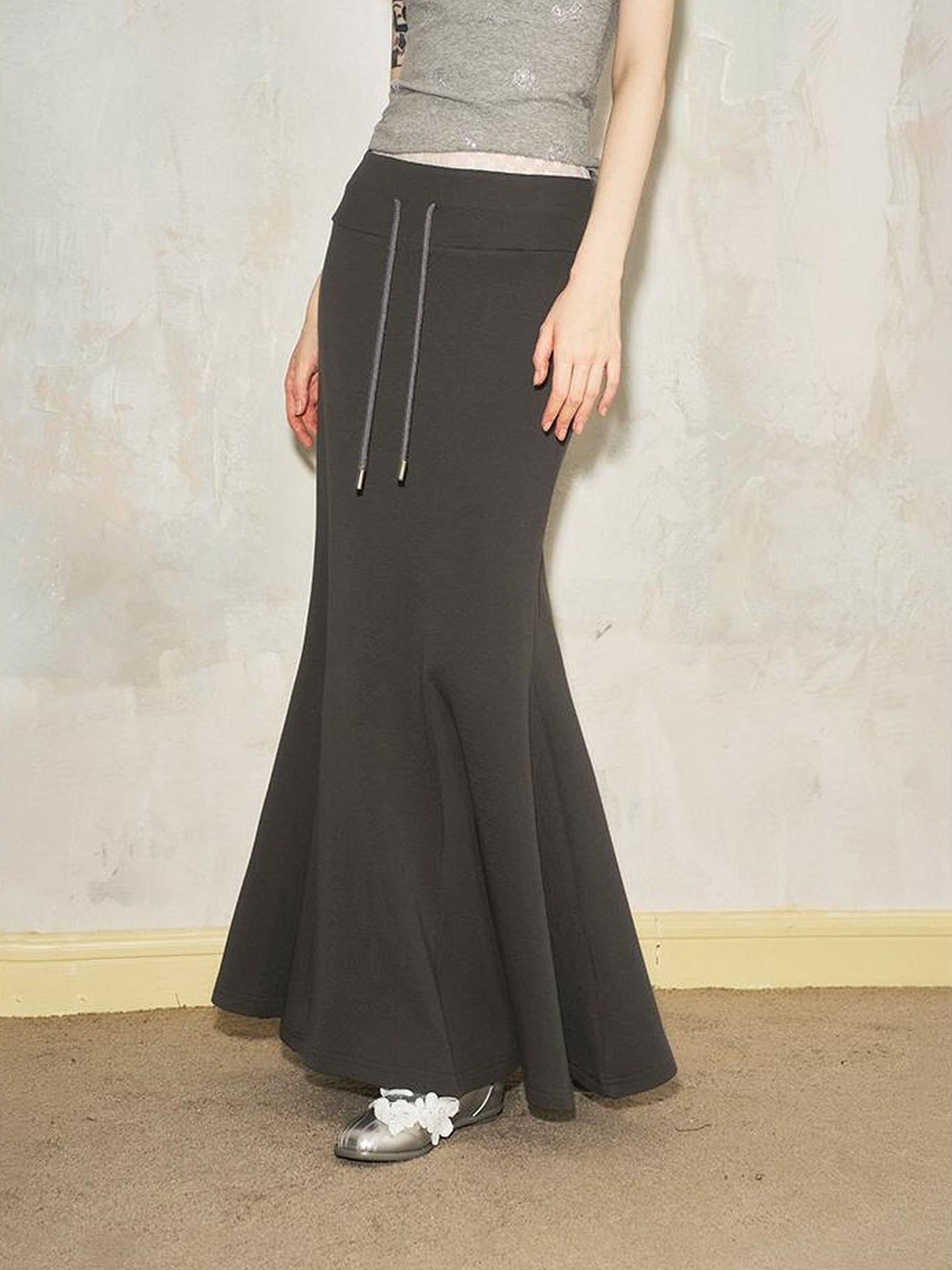 DIDDI MODA Sporty Lace Waist Flared Knit Skirt With Drawstring