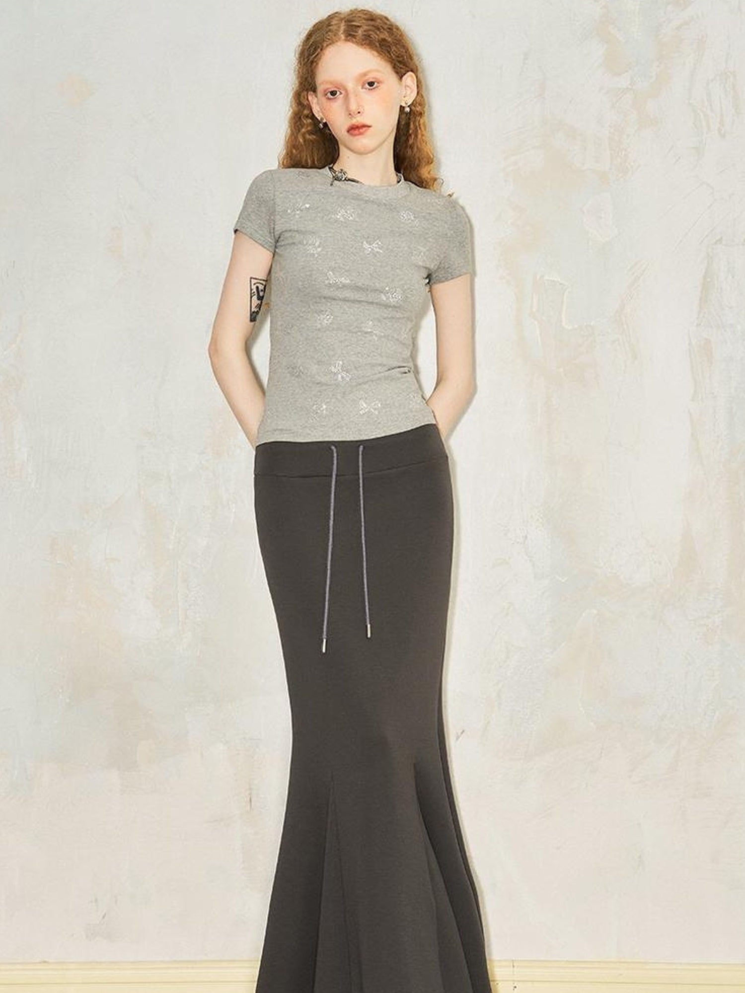 DIDDI MODA Sporty Lace Waist Flared Knit Skirt With Drawstring