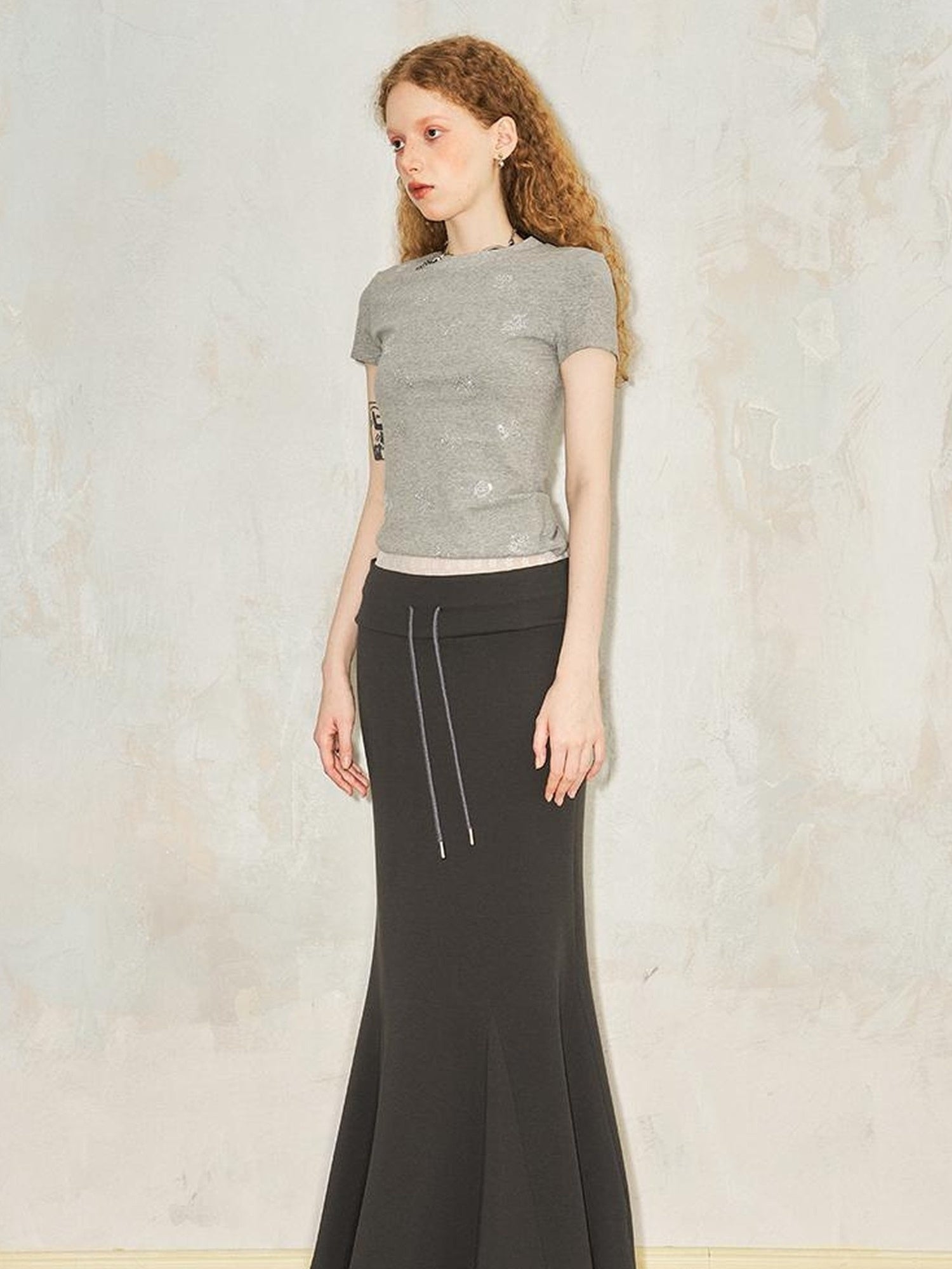 DIDDI MODA Sporty Lace Waist Flared Knit Skirt With Drawstring