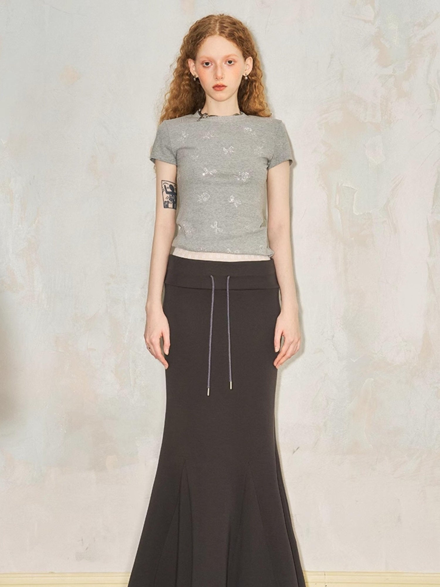 DIDDI MODA Sporty Lace Waist Flared Knit Skirt With Drawstring