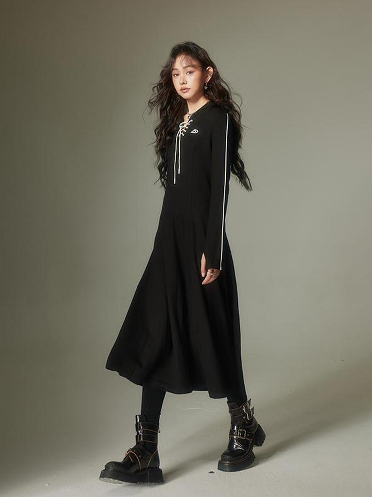 DIDDI MODA Sporty Tie Front Hooded Sweater Dress