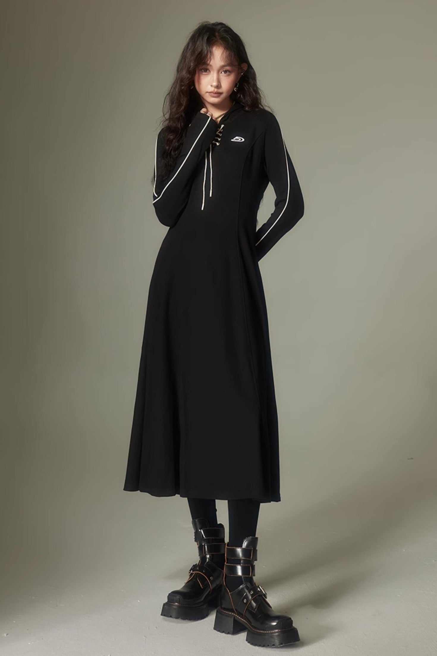 DIDDI MODA Sporty Tie Front Hooded Sweater Dress