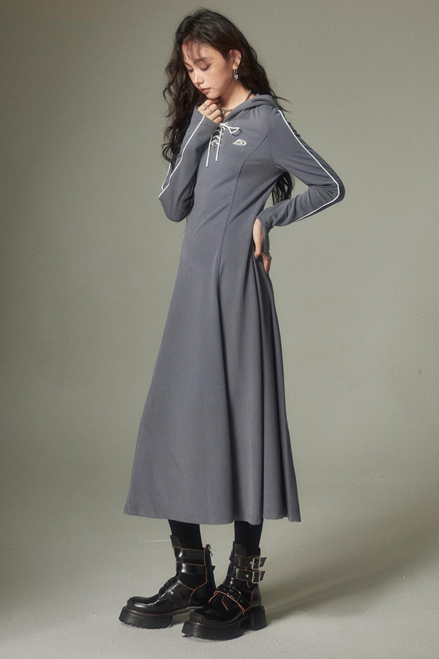 DIDDI MODA Sporty Tie Front Hooded Sweater Dress