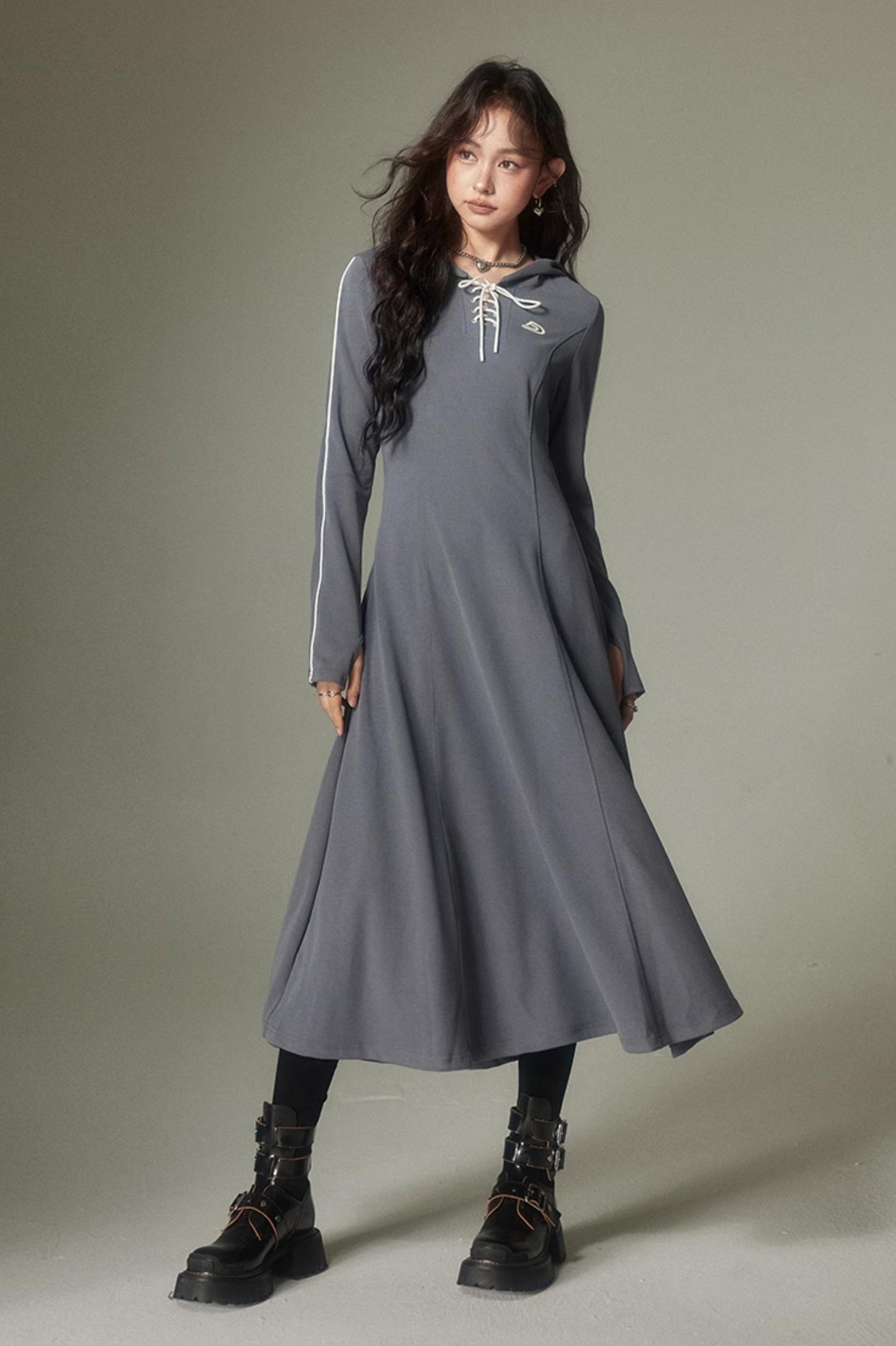 DIDDI MODA Sporty Tie Front Hooded Sweater Dress