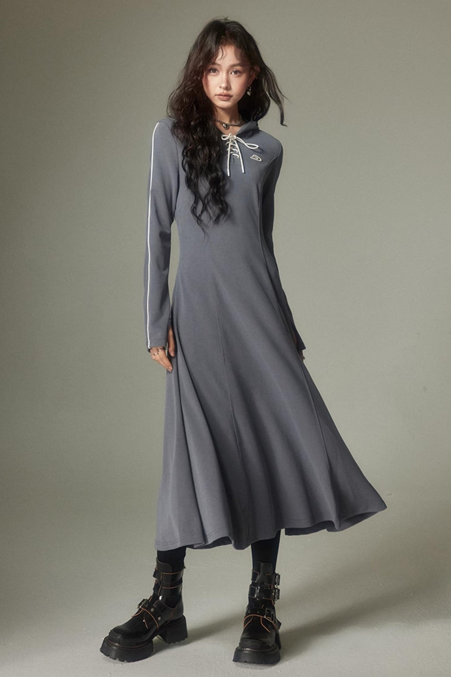 DIDDI MODA Sporty Tie Front Hooded Sweater Dress