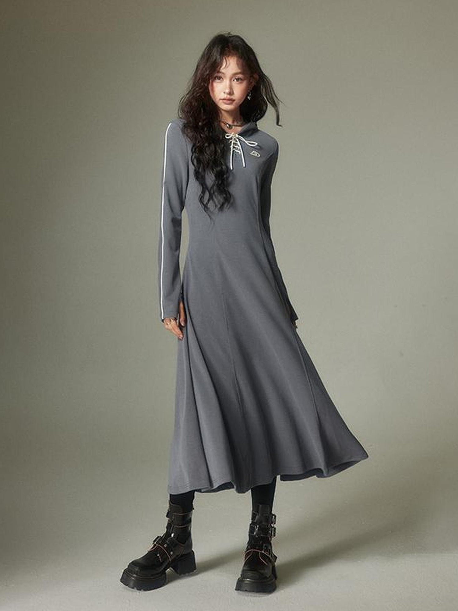 DIDDI MODA Sporty Tie Front Hooded Sweater Dress