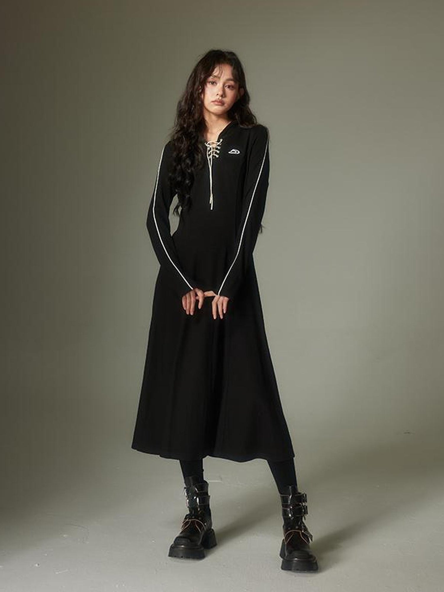 DIDDI MODA Sporty Tie Front Hooded Sweater Dress