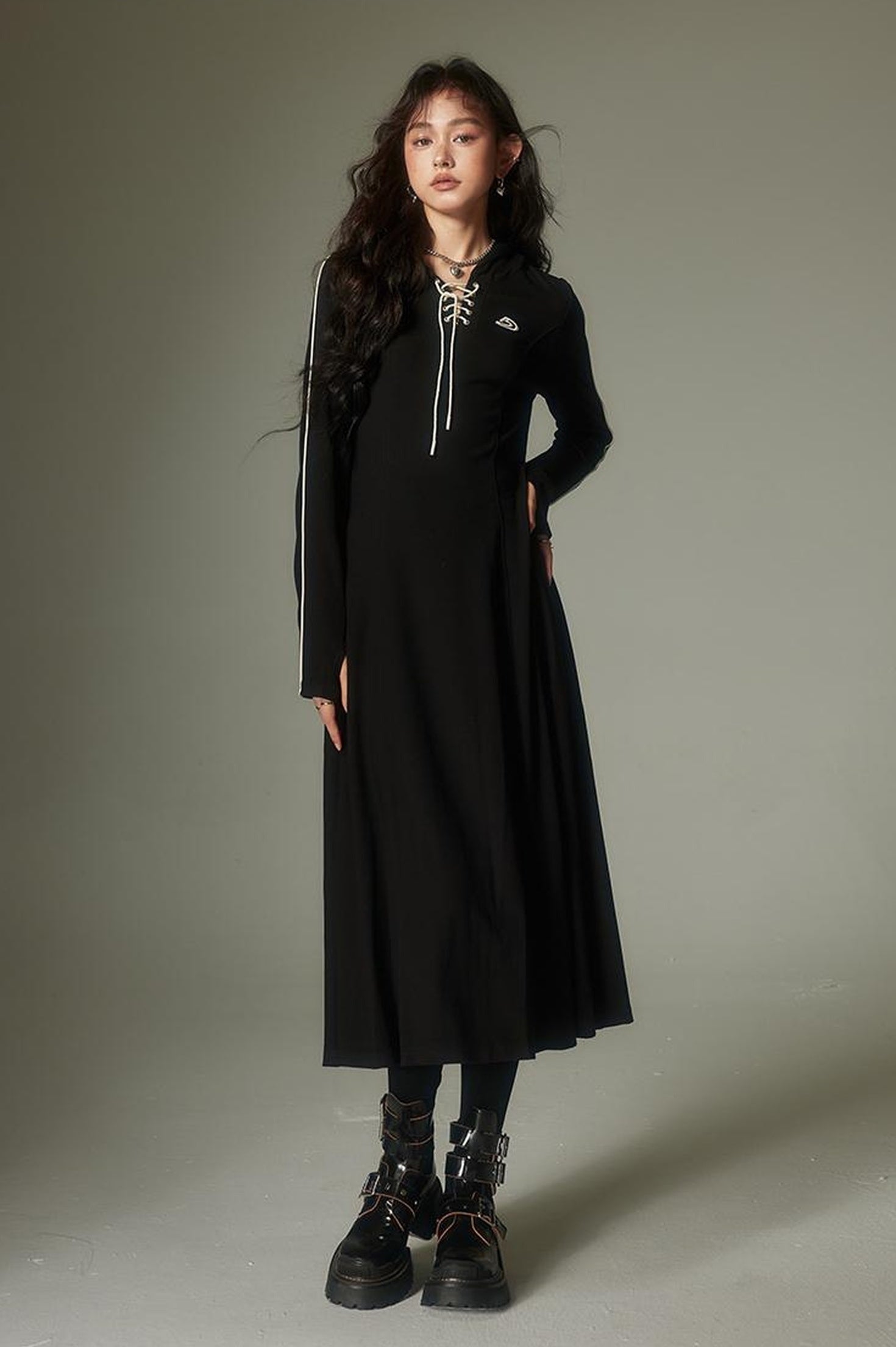 DIDDI MODA Sporty Tie Front Hooded Sweater Dress