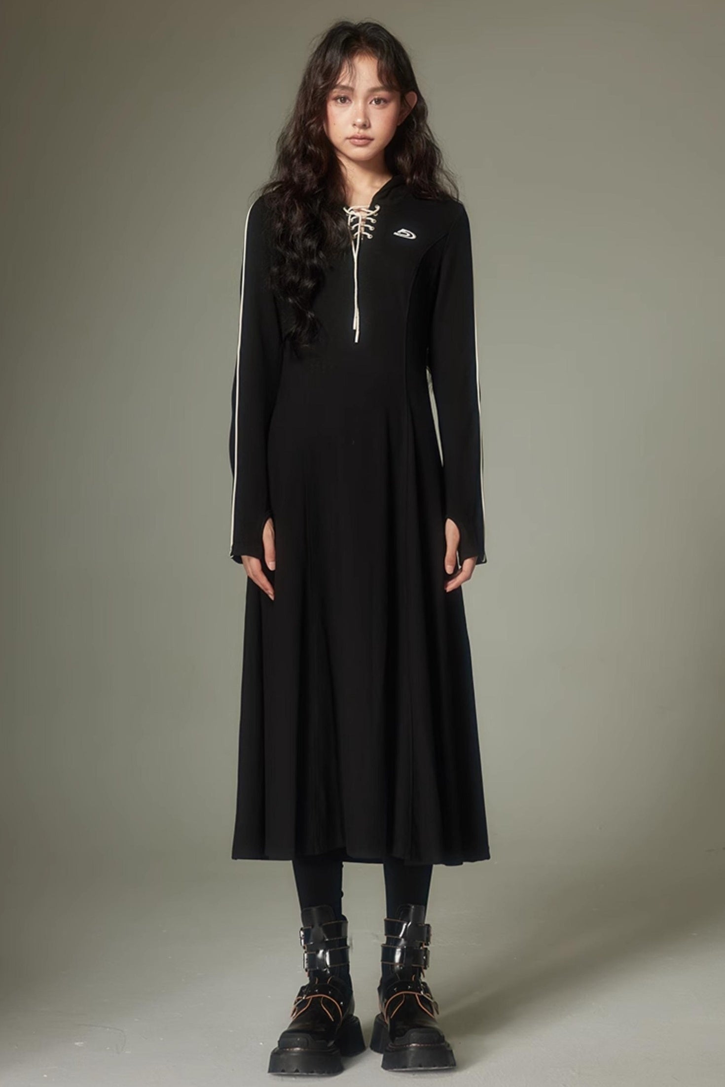 DIDDI MODA Sporty Tie Front Hooded Sweater Dress