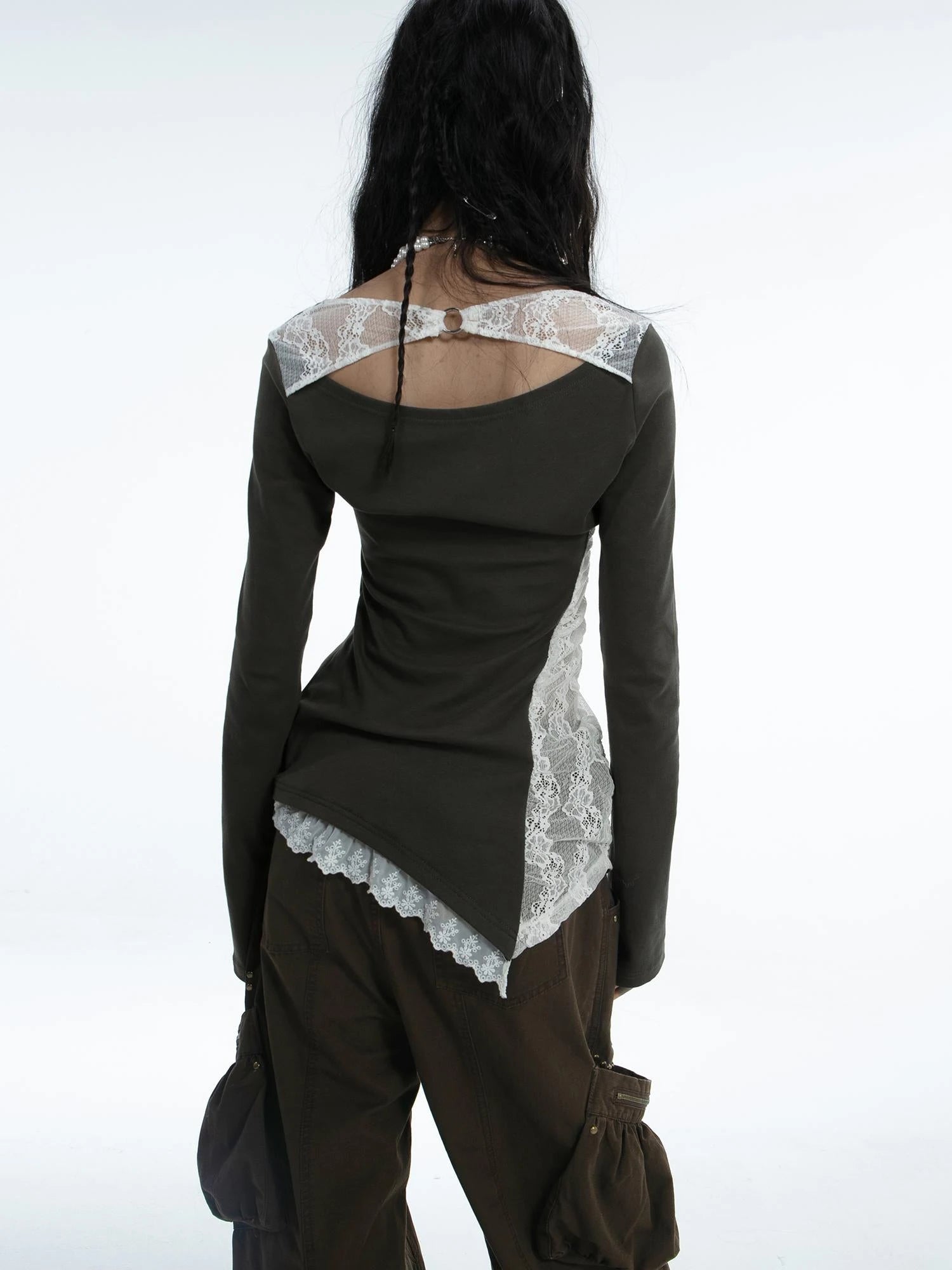 Spring Bunny Print Lace Pearl Embellished Long Sleeve T-Shirt