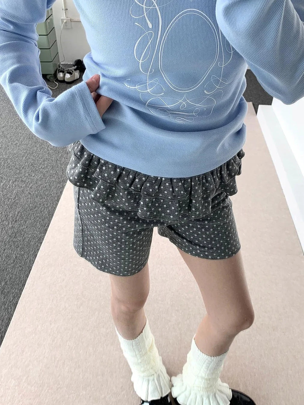 Spring Gray Polka Dot Lace Shorts For Girls