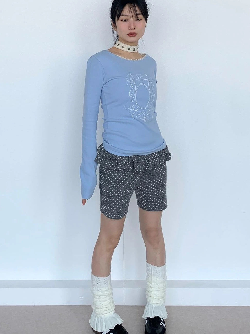 Spring Gray Polka Dot Lace Shorts For Girls