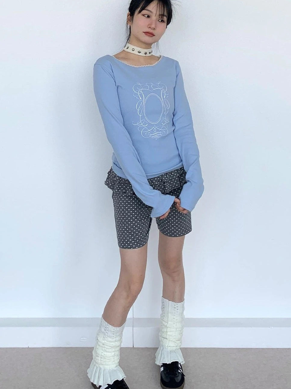 Spring Gray Polka Dot Lace Shorts For Girls