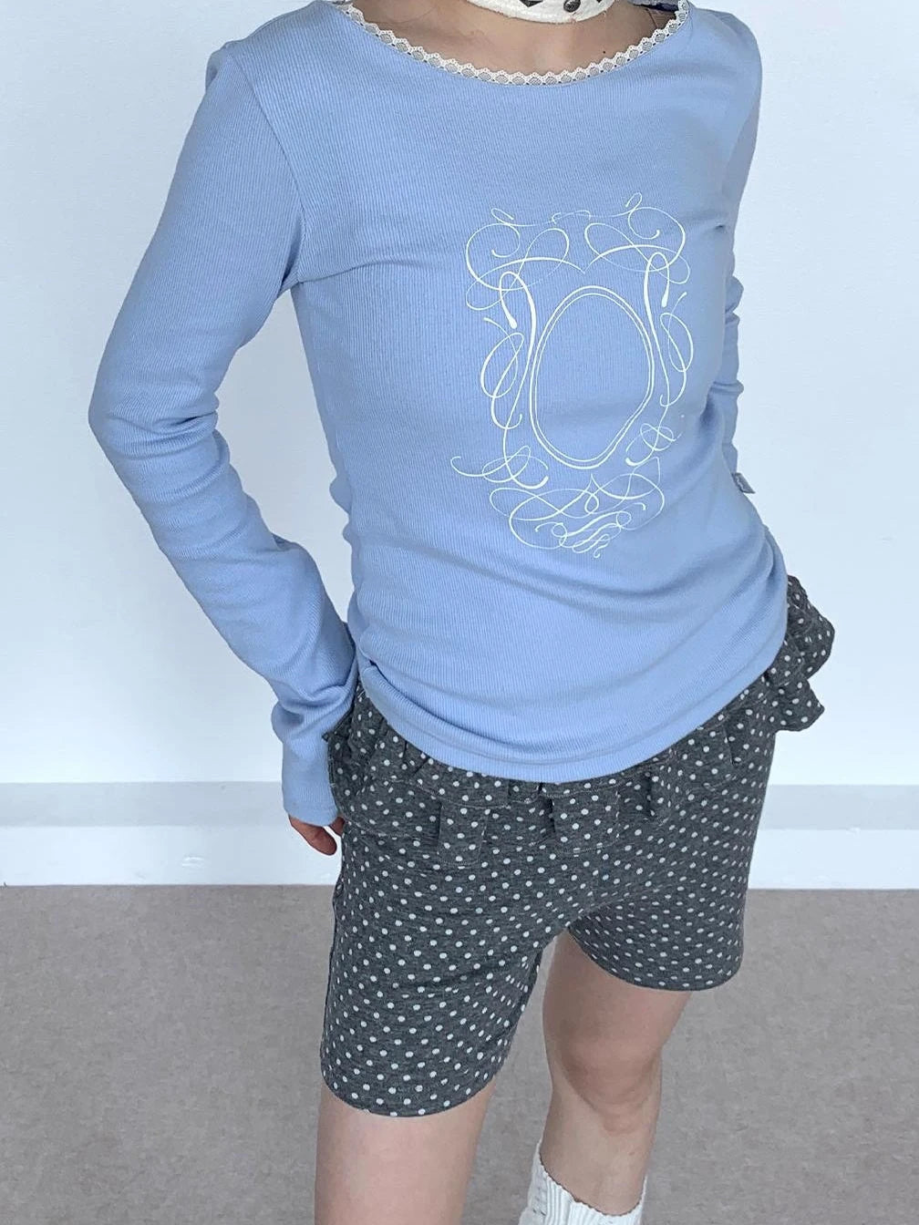 Spring Gray Polka Dot Lace Shorts For Girls