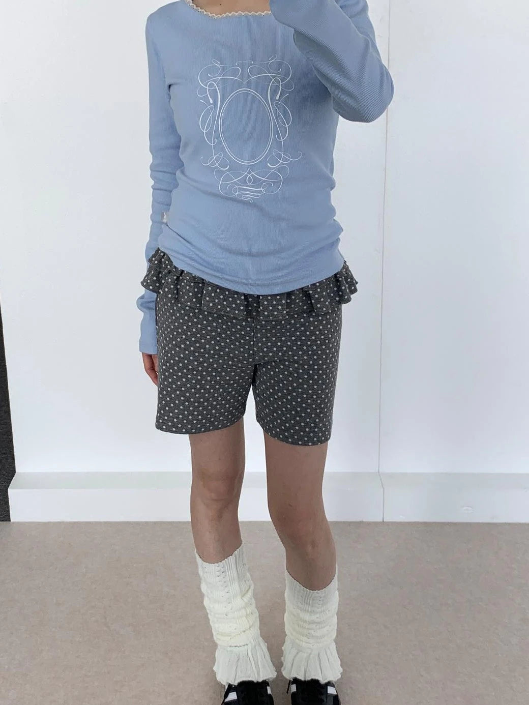 Spring Gray Polka Dot Lace Shorts For Girls