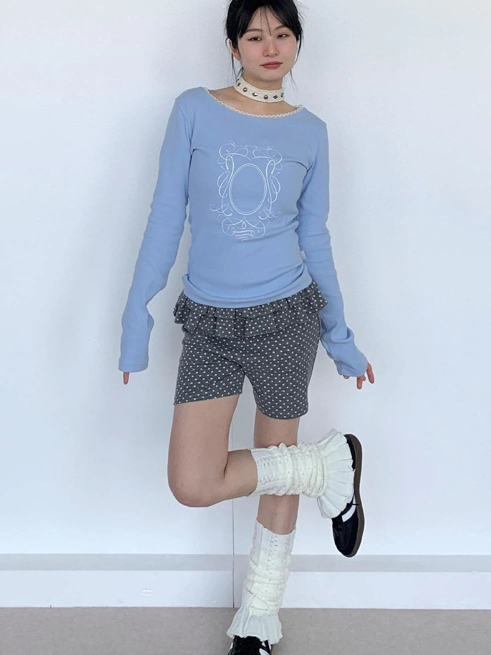 Spring Gray Polka Dot Lace Shorts For Girls