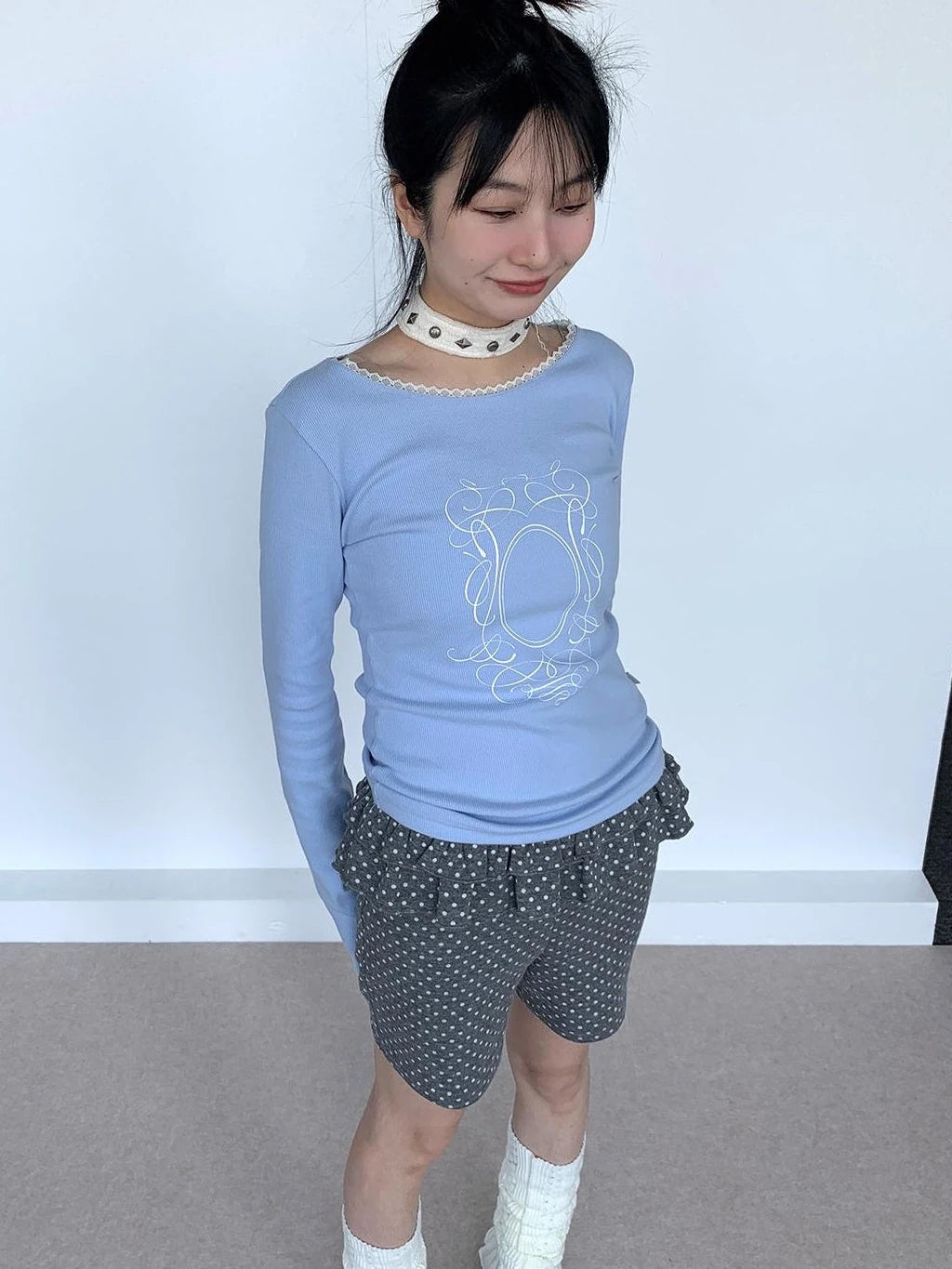 Spring Gray Polka Dot Lace Shorts For Girls