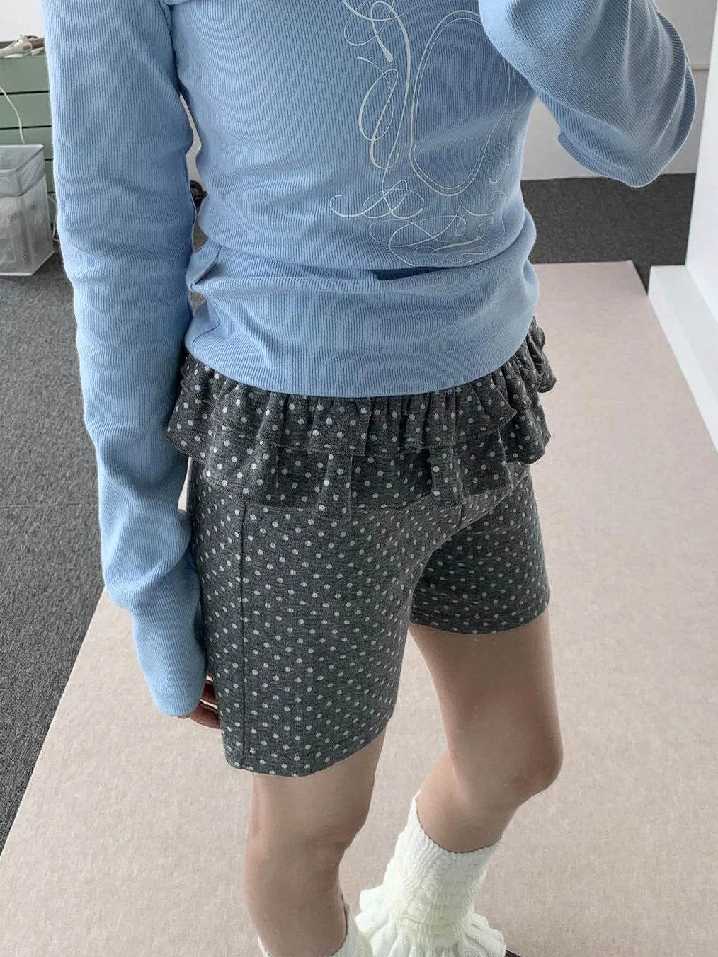 Spring Gray Polka Dot Lace Shorts For Girls