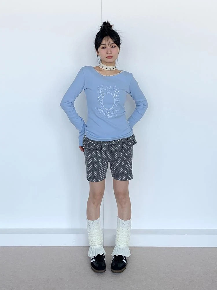 Spring Gray Polka Dot Lace Shorts For Girls