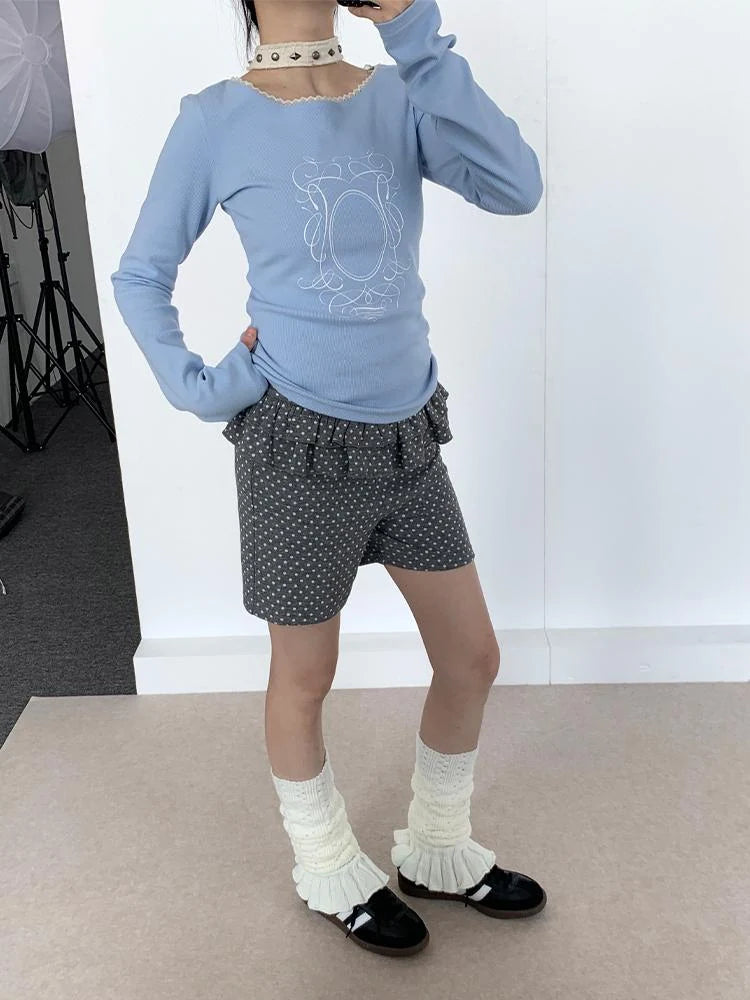 Spring Gray Polka Dot Lace Shorts For Girls