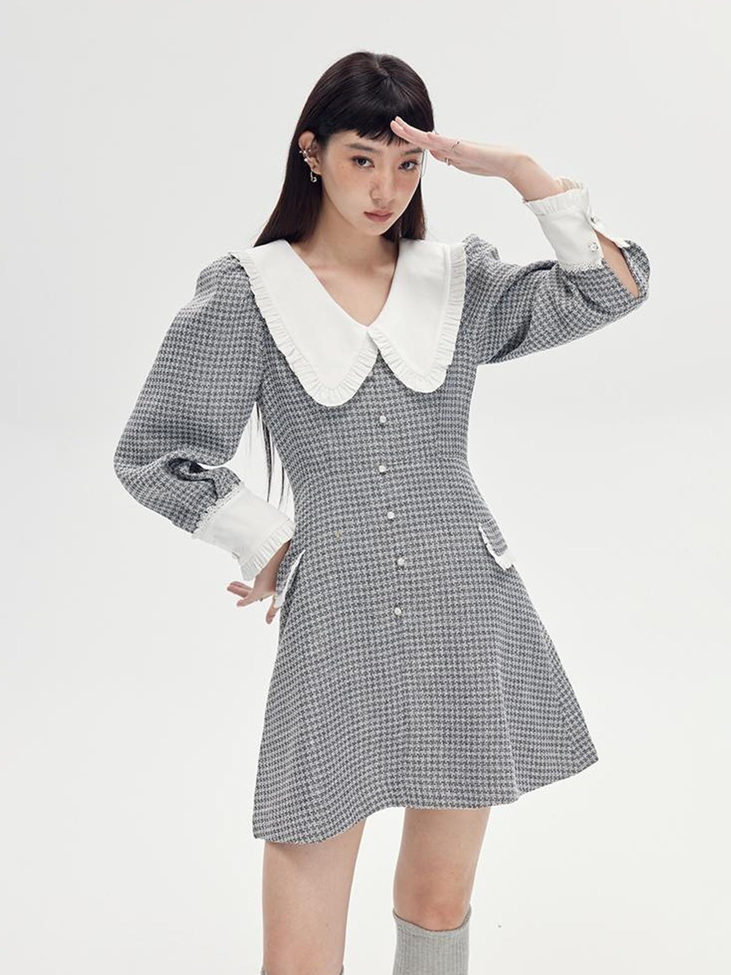 DIDDI MODA Spring Princess Puff Sleeve Pearl Button Flared Dress