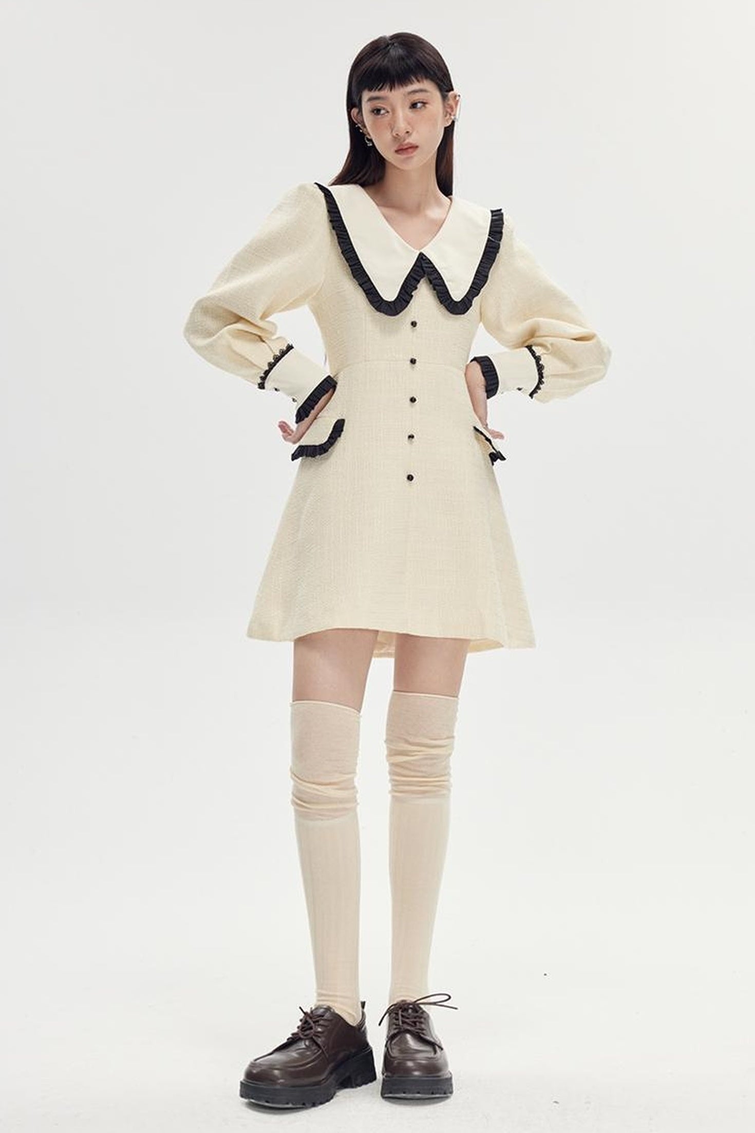 DIDDI MODA Spring Princess Puff Sleeve Pearl Button Flared Dress