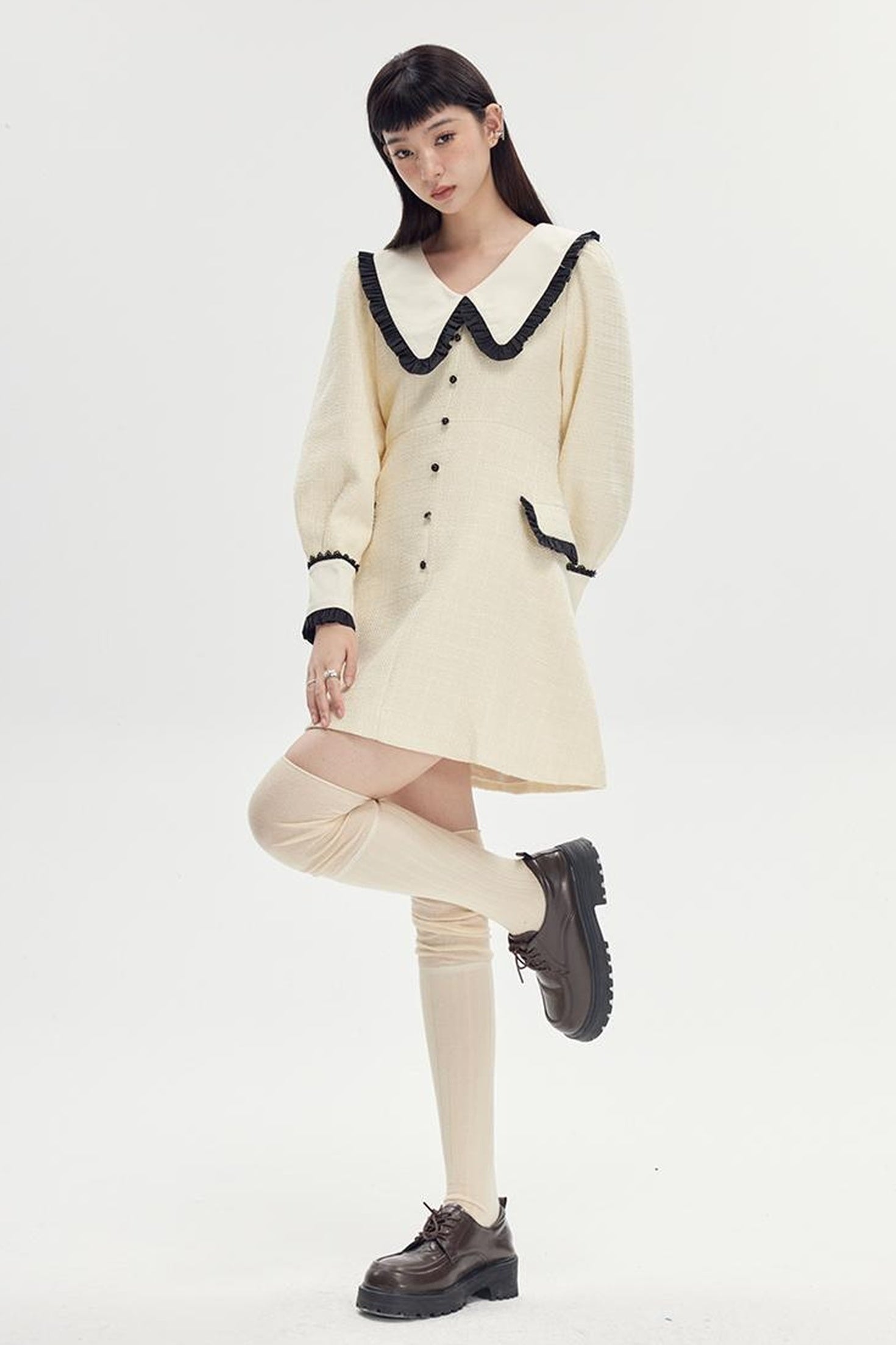 DIDDI MODA Spring Princess Puff Sleeve Pearl Button Flared Dress