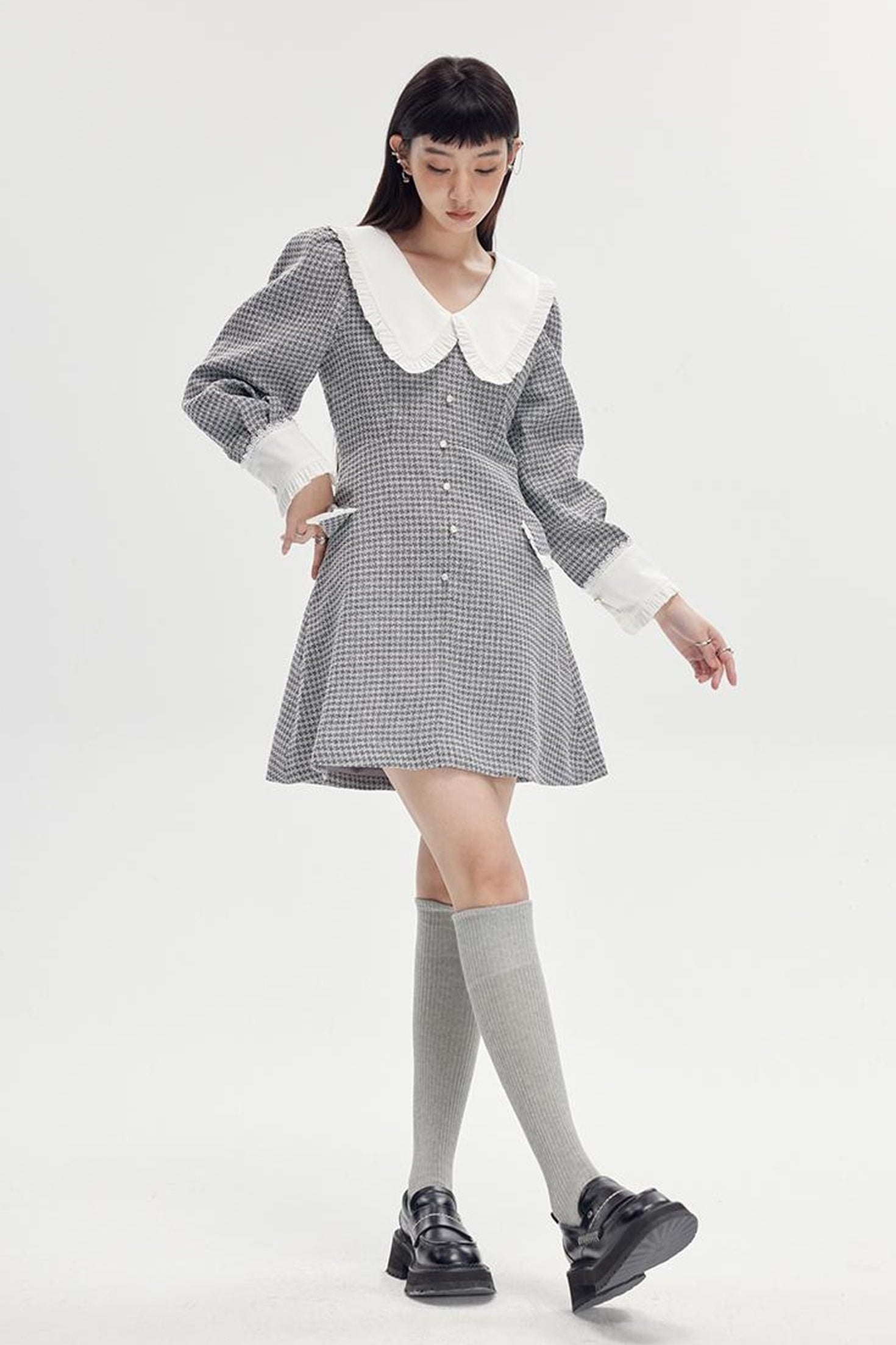 DIDDI MODA Spring Princess Puff Sleeve Pearl Button Flared Dress