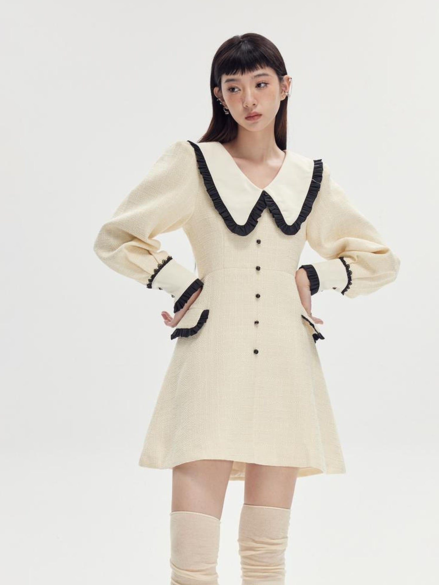 DIDDI MODA Spring Princess Puff Sleeve Pearl Button Flared Dress