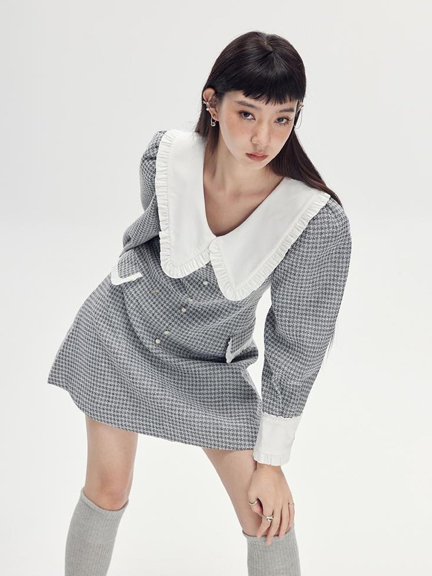 DIDDI MODA Spring Princess Puff Sleeve Pearl Button Flared Dress