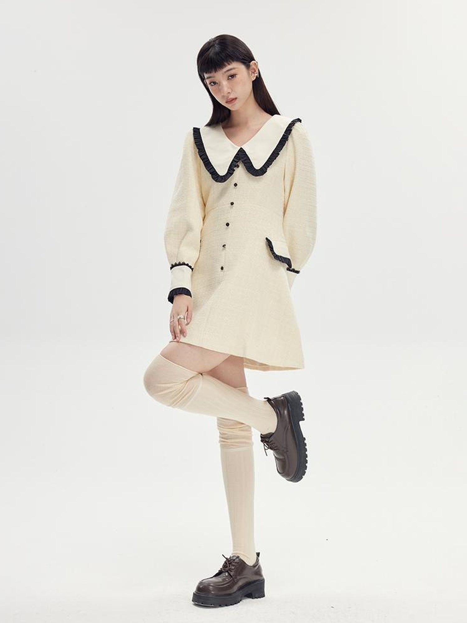 DIDDI MODA Spring Princess Puff Sleeve Pearl Button Flared Dress