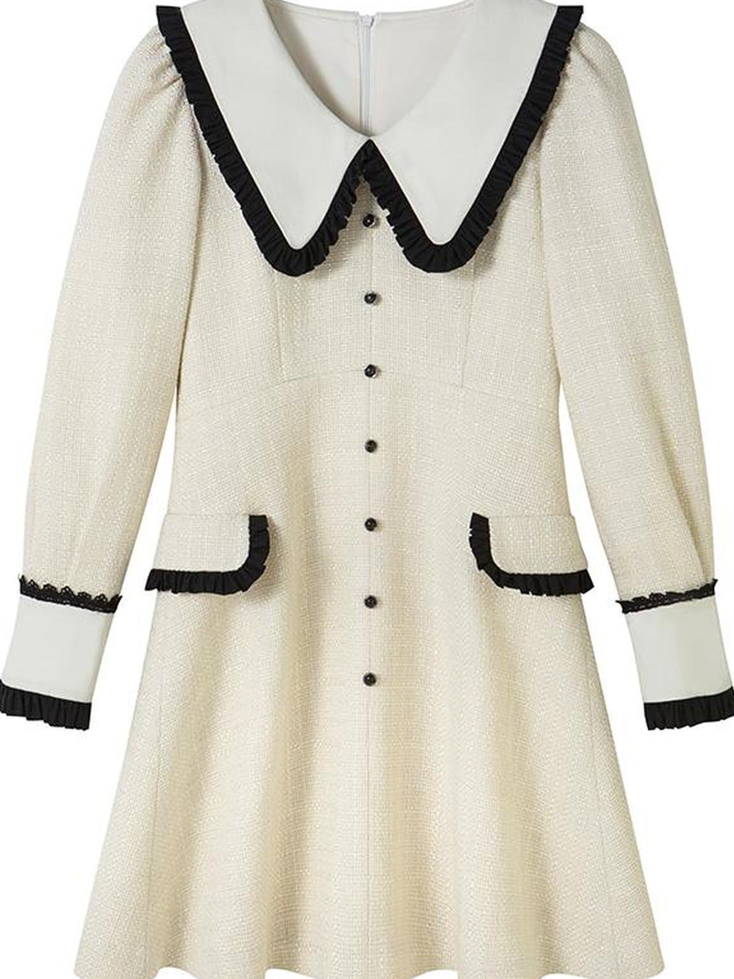 DIDDI MODA Spring Princess Puff Sleeve Pearl Button Flared Dress