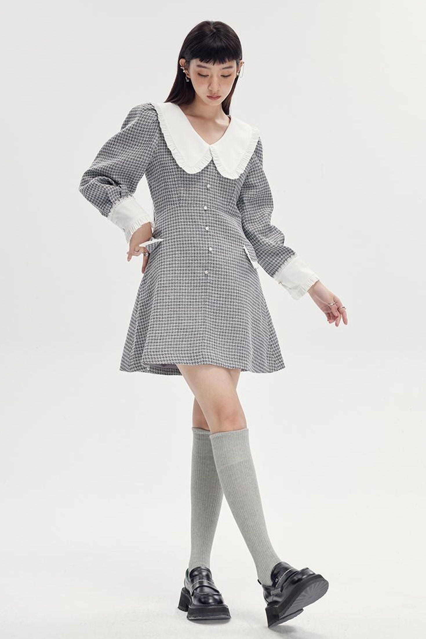 DIDDI MODA Spring Princess Puff Sleeve Pearl Button Flared Dress