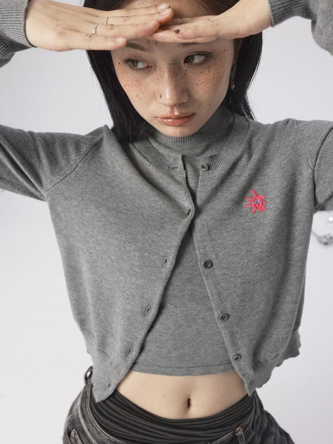 Achihara Spring Summer Gray Knit Cardigan Vest Women&