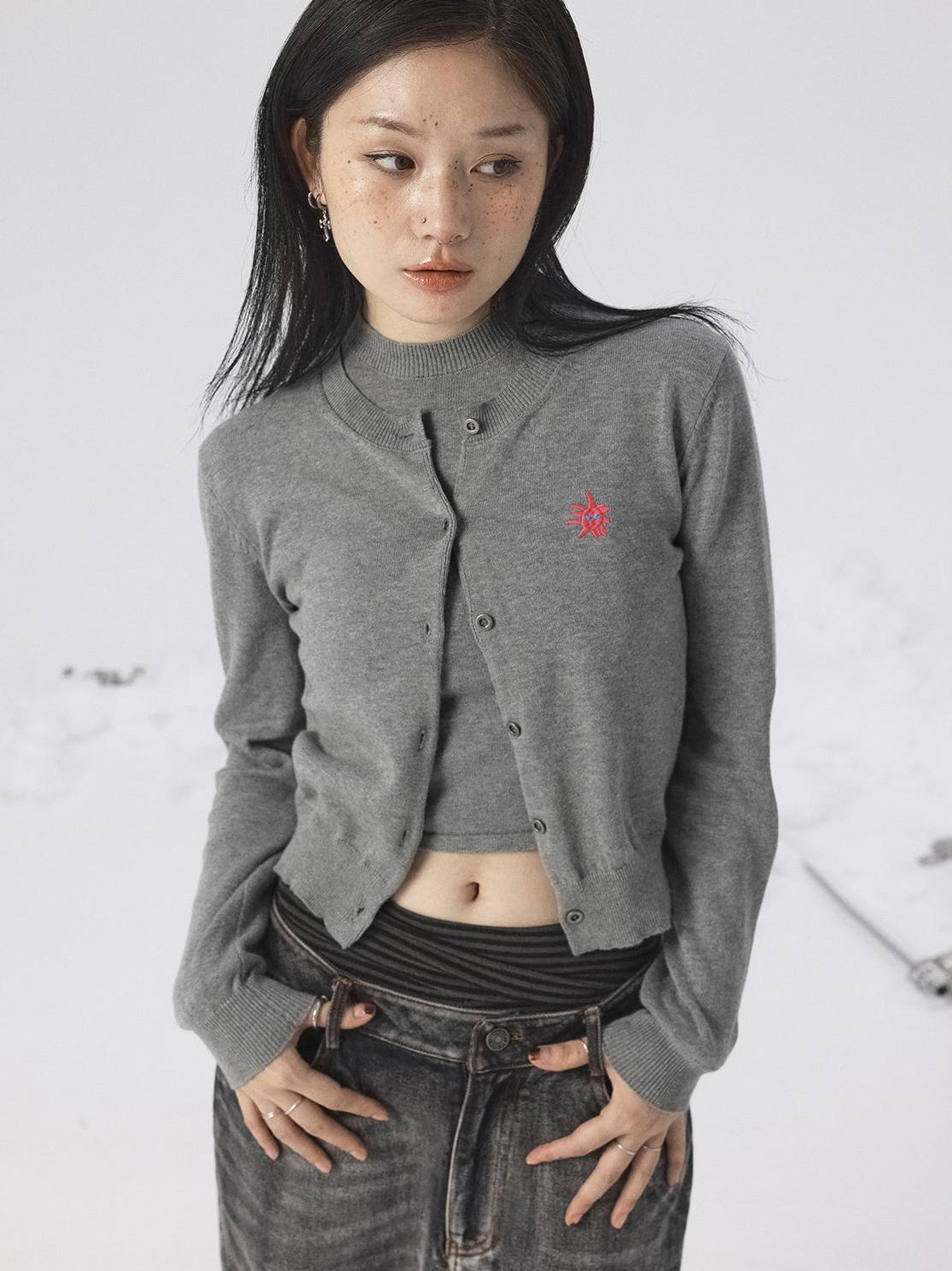 Achihara Spring Summer Gray Knit Cardigan Vest Women&