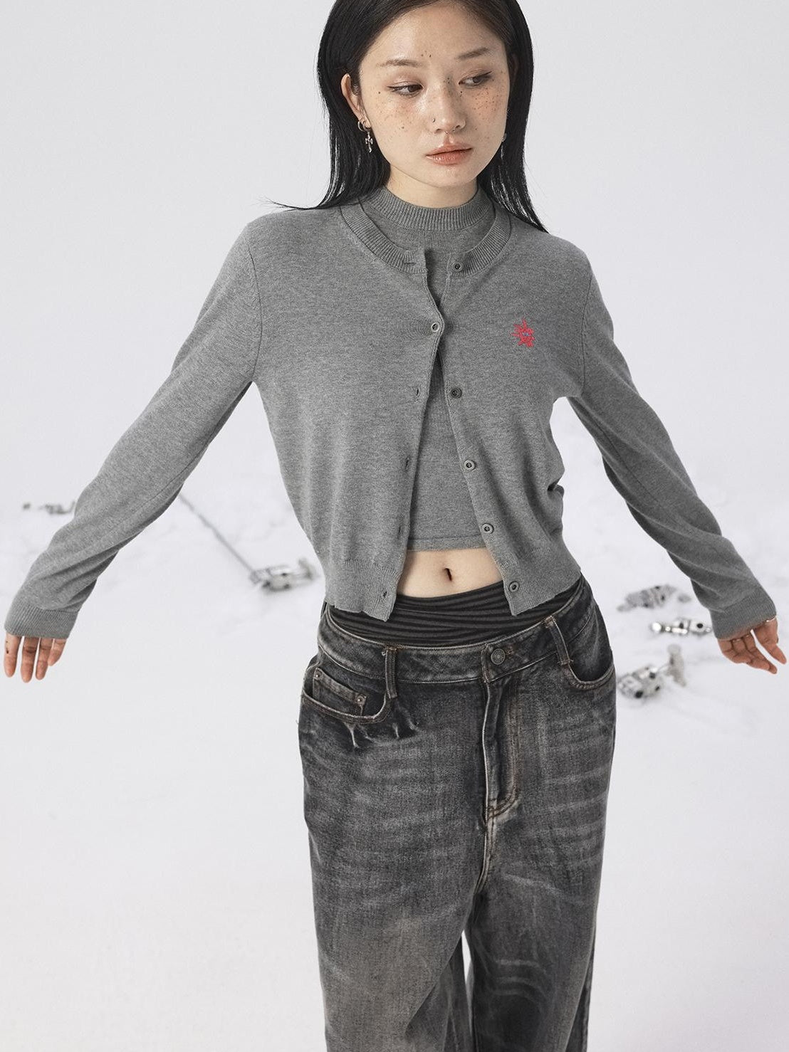 Achihara Spring Summer Gray Knit Cardigan Vest Women&