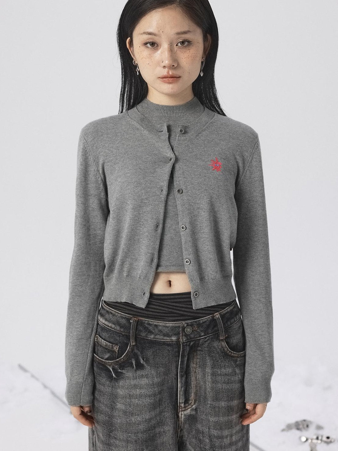 Achihara Spring Summer Gray Knit Cardigan Vest Women&