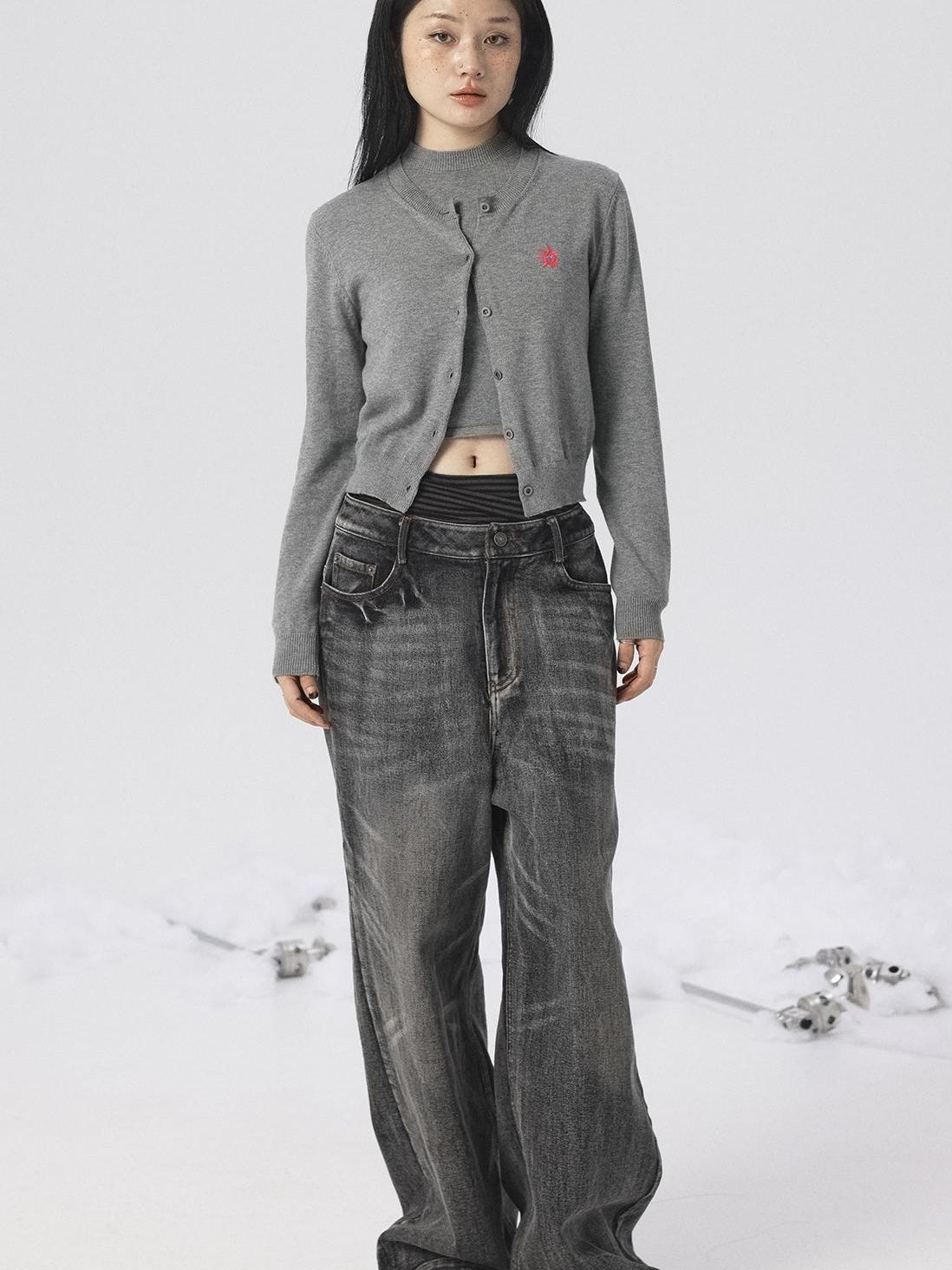 Achihara Spring Summer Gray Knit Cardigan Vest Women&