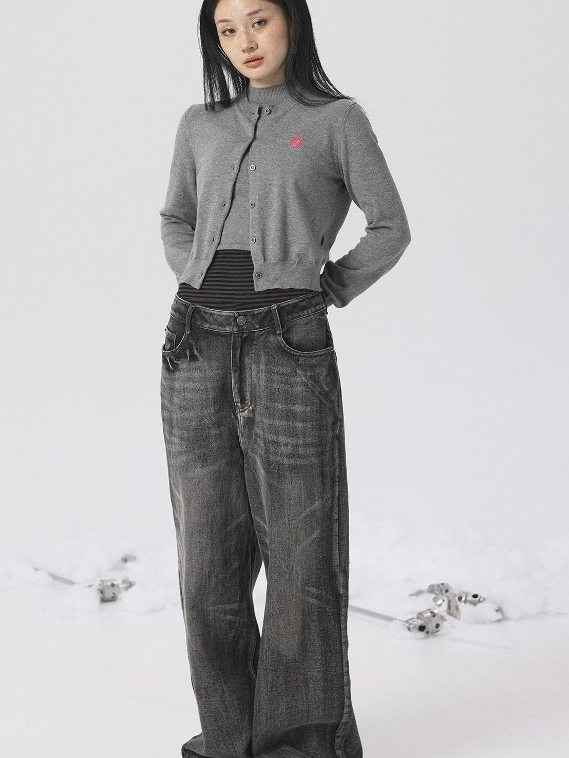 Achihara Spring Summer Gray Knit Cardigan Vest Women&