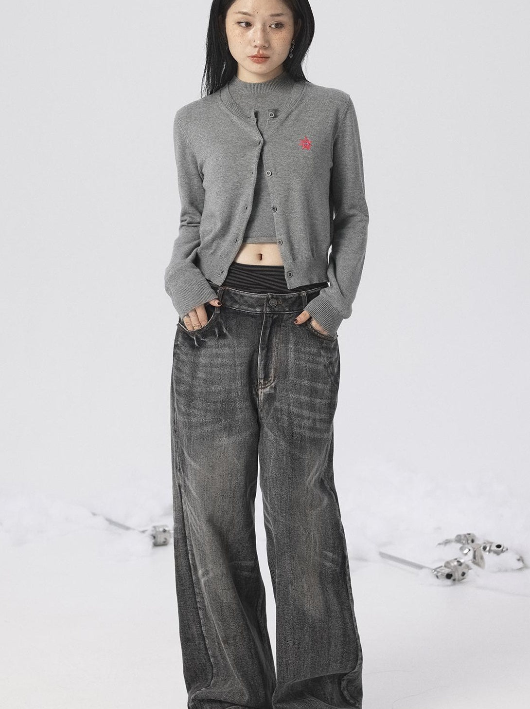 Achihara Spring Summer Gray Knit Cardigan Vest Women&