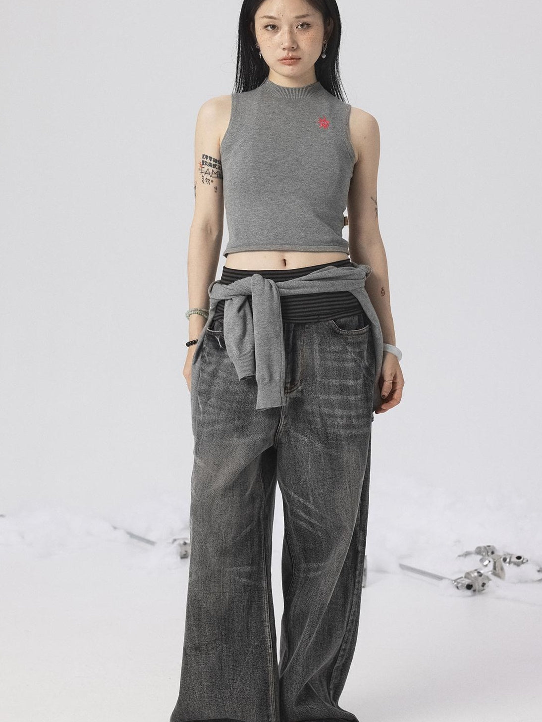 Achihara Spring Summer Gray Knit Cardigan Vest Women&