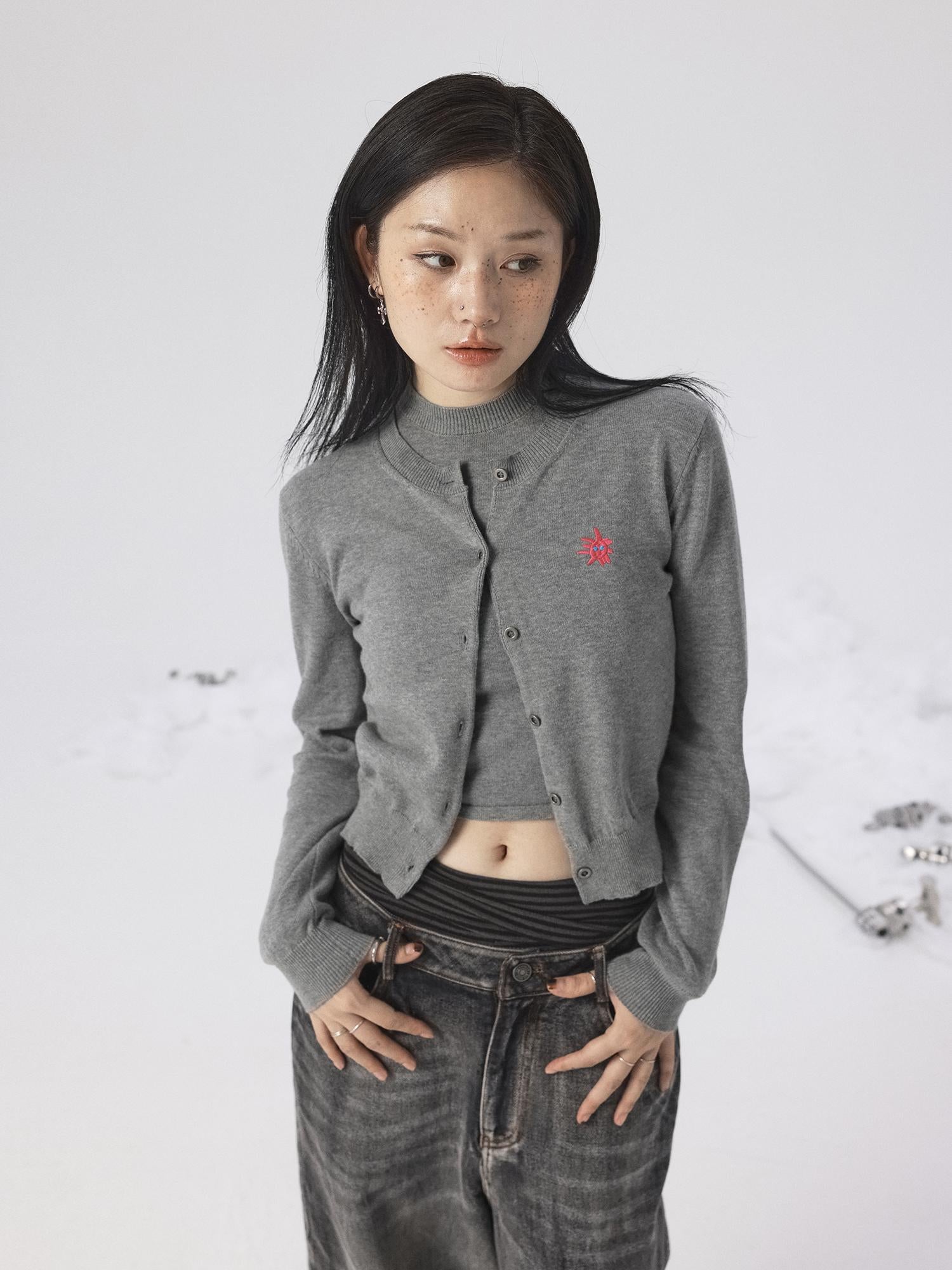 Achihara Spring Summer Gray Knit Cardigan Vest Women&