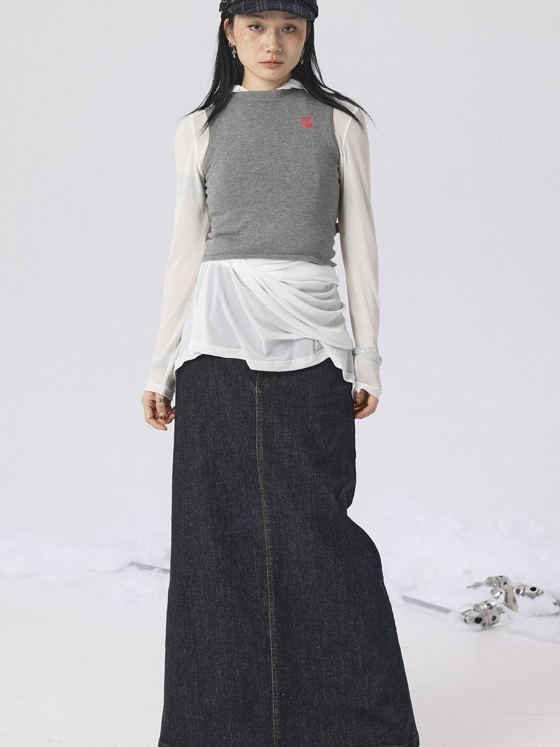 Achihara Spring Summer Gray Knit Cardigan Vest Women&