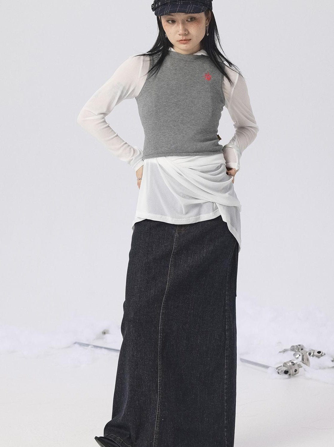 Achihara Spring Summer Gray Knit Cardigan Vest Women&