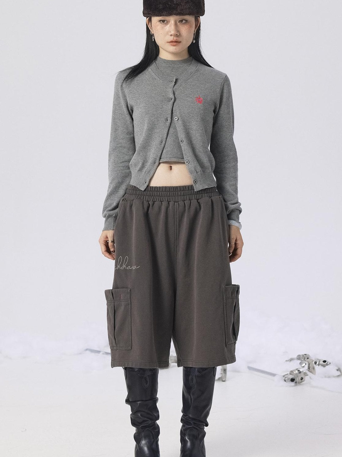 Achihara Spring Summer Gray Knit Cardigan Vest Women&